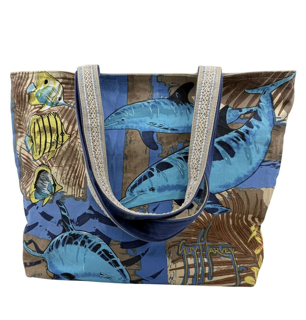 Guy Harvey Sun N Shade Canvas Dolphin Print Beach Tote Bag Coastal Nautical